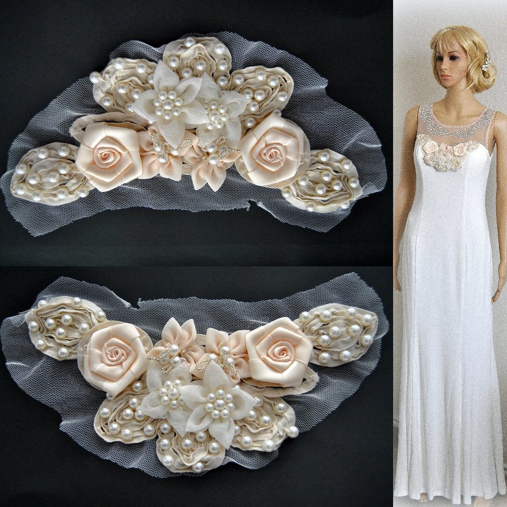 Set of 2 Floral Pearl Lace Applique Bridal Embellishments